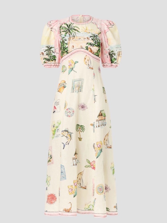 Alemais Dresses & Skirts - ALEMAIS Sunset Puff-Sleeve Printed Linen Midi Dress 6